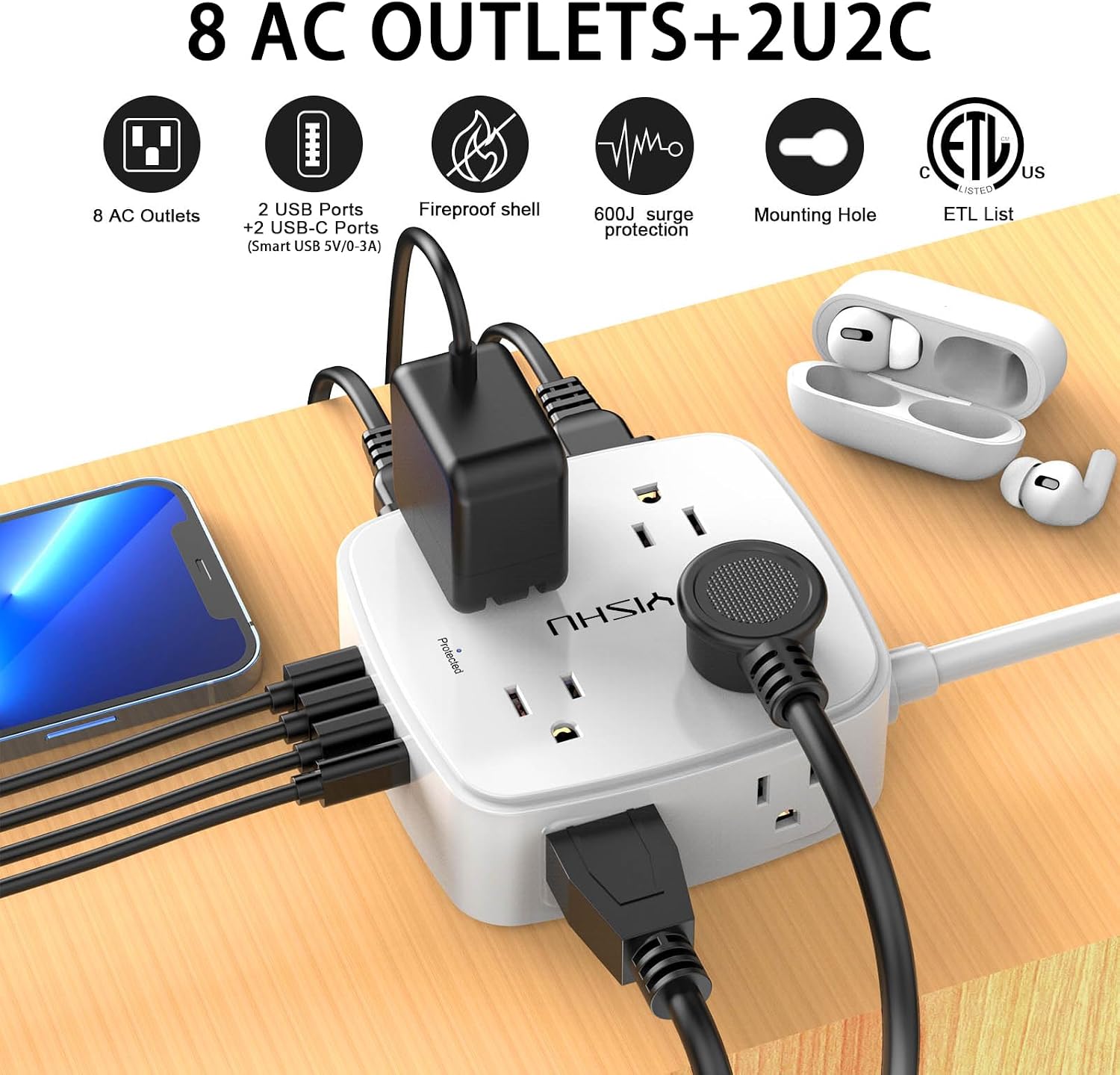6Ft Surge Protector Power Strip with 8 Widely Outlets & 4 USB Ports | 3 Side Outlet Extender with 6 Feet Extension Cord, Flat Plug, for Home, Office, College Dorm Room Essentials, ETL, White