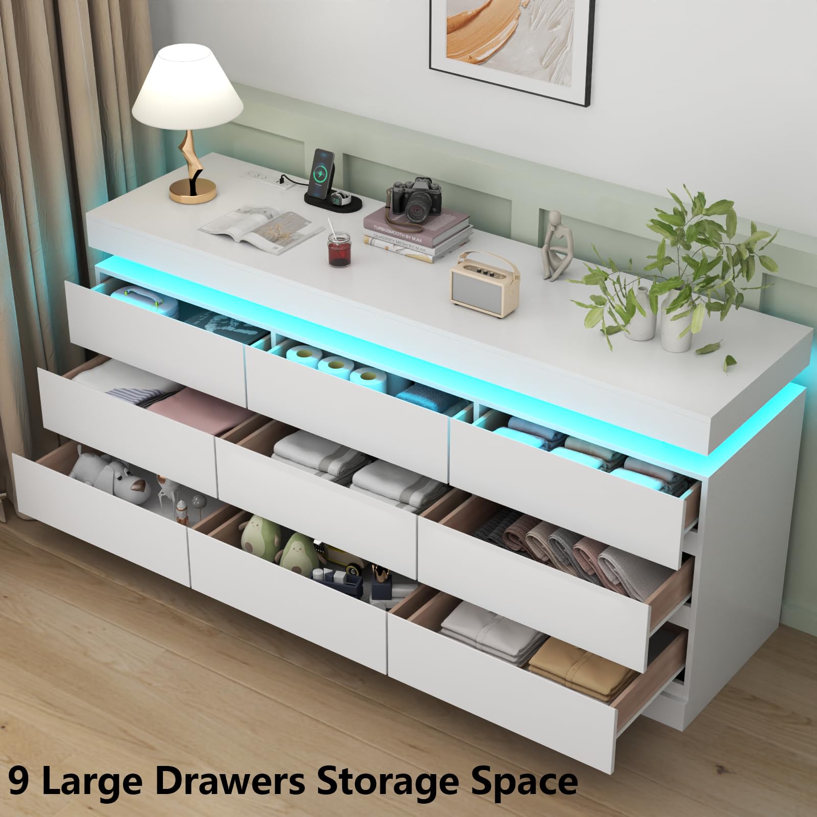 Gyfimoie 6 Drawer Dresser with Power Outlet, Dresser with LED Light | Modern Chest of Drawers for Closet, Wide Drawer Organizer Cabinet for Bedroom,Living Room