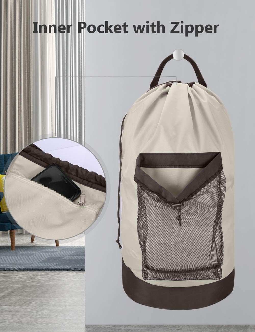 Backpack Laundry Bag, 115L Large Hamper with Shoulder Straps, Drawstring Closure, Mesh Pocket, Khaki