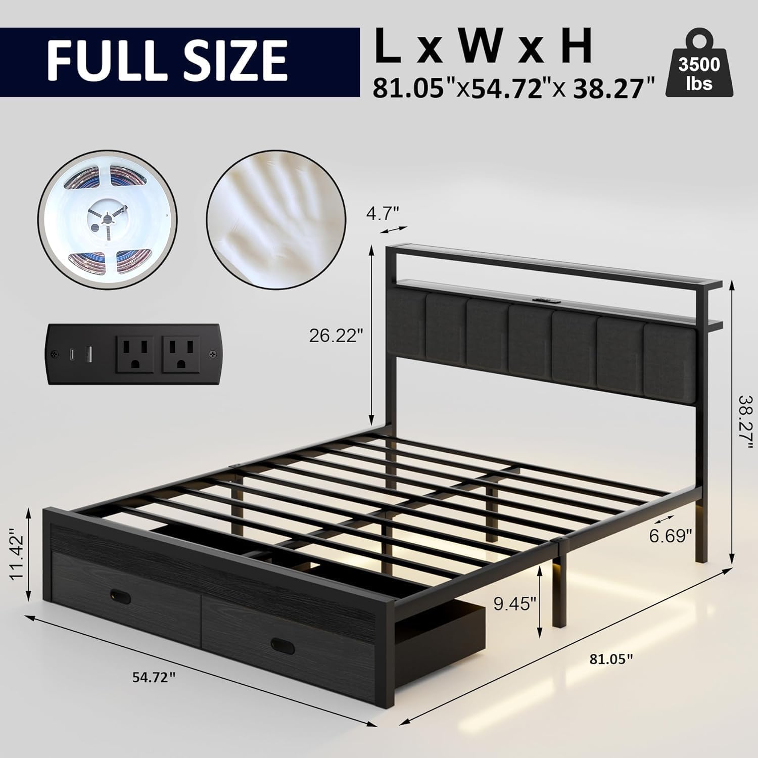 Full Bed Frames with Storage Drawer, Platform Bed with Charging Station and LED Lights, Upholstered Headboard with 2-Tier Storage Shelves, No Box Spring Needed