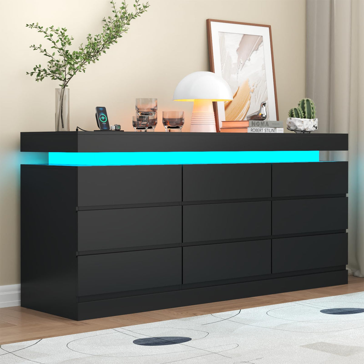 Gyfimoie 6 Drawer Dresser with Power Outlet, Dresser with LED Light | Modern Chest of Drawers for Closet, Wide Drawer Organizer Cabinet for Bedroom,Living Room