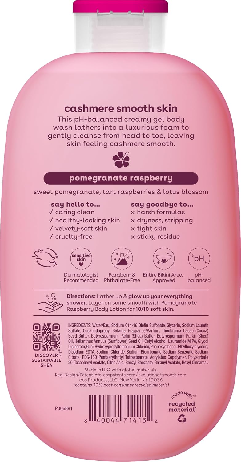 eos Body Wash, Vanilla Cashmere, Moisturizing Creamy Gel Formula with Shea Butter, Glycerin, Vitamin E, pH Balanced, Sensitive Skin, Vegan, 16 fl oz