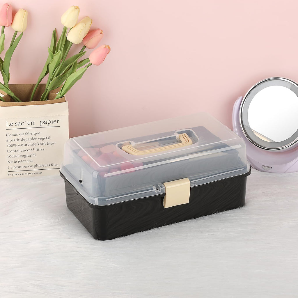 BTSKY 3-Layer Plastic Dividing Storage Box Craft Organizer and Storage | Portable Handled Art Supply Organizer with Adjustable Spacers Multipurpose Home Utility Box for Medicine, Sewing(Pink)