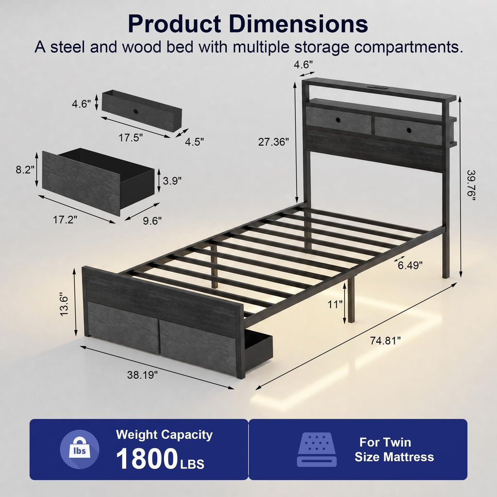 Full Bed Frames with Storage Drawer, Platform Bed with Charging Station and LED Lights, Upholstered Headboard with 2-Tier Storage Shelves, No Box Spring Needed