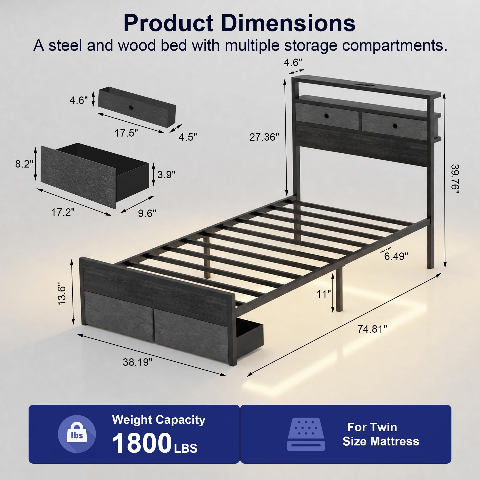 Full Bed Frames with Storage Drawer, Platform Bed with Charging Station and LED Lights, Upholstered Headboard with 2-Tier Storage Shelves, No Box Spring Needed
