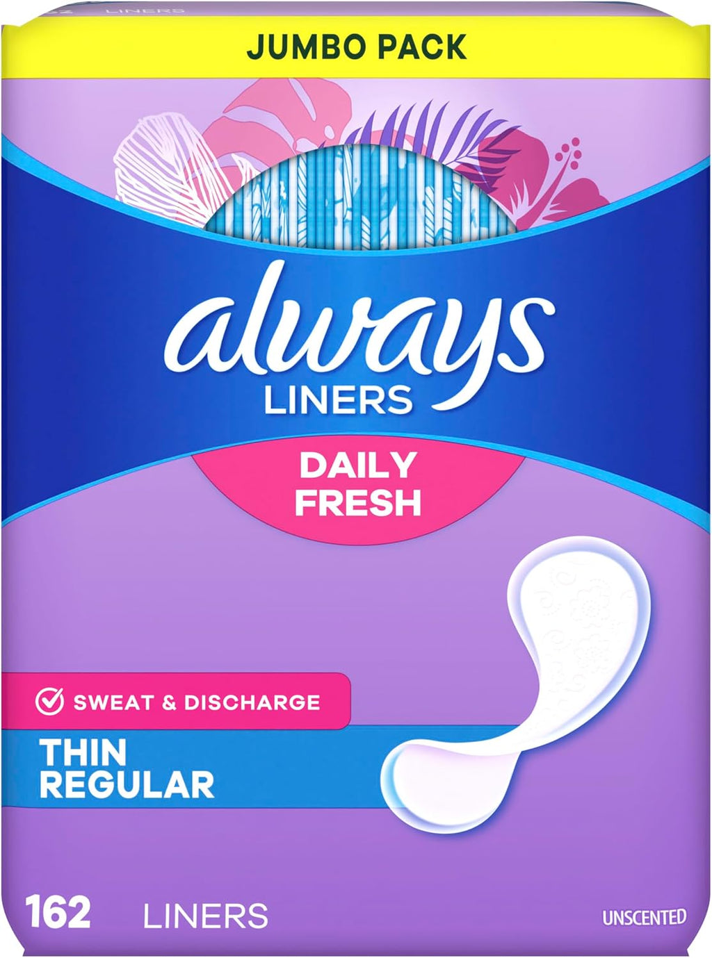 Always Panty Liners for Women Thin No Feel Protection Daily Liners, Regular, Unscented, 162 Count
