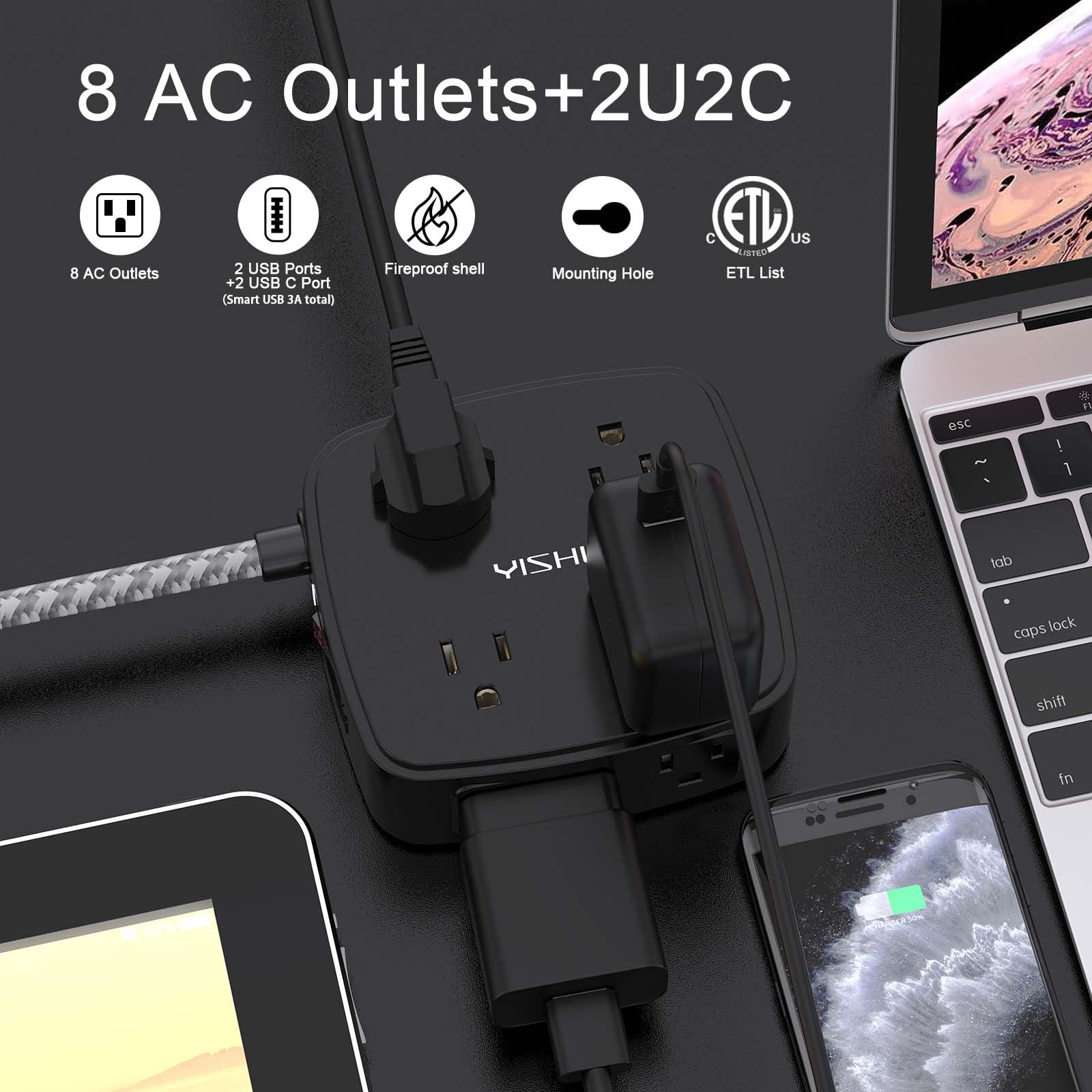 6Ft Surge Protector Power Strip with 8 Widely Outlets & 4 USB Ports | 3 Side Outlet Extender with 6 Feet Extension Cord, Flat Plug, for Home, Office, College Dorm Room Essentials, ETL, White
