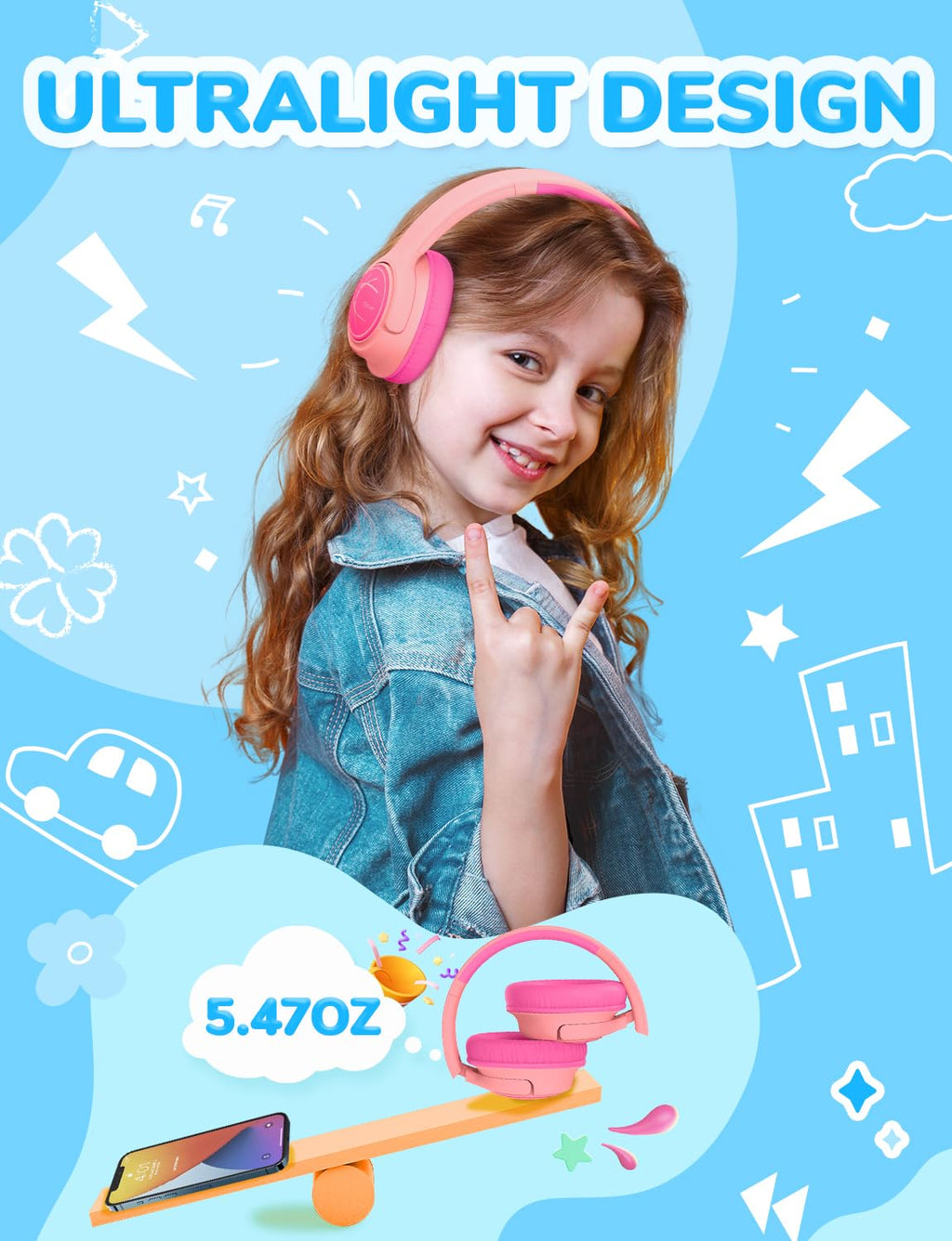 iClever C371 Kids Headphones with Cord for School Boys Girls Travel Gift | SafeSound Tech3.0, Stereo Sound, 3.5mm Jack, Foldable, Durable Headband, Safe Wired Headphones for Kids, Powder Blue