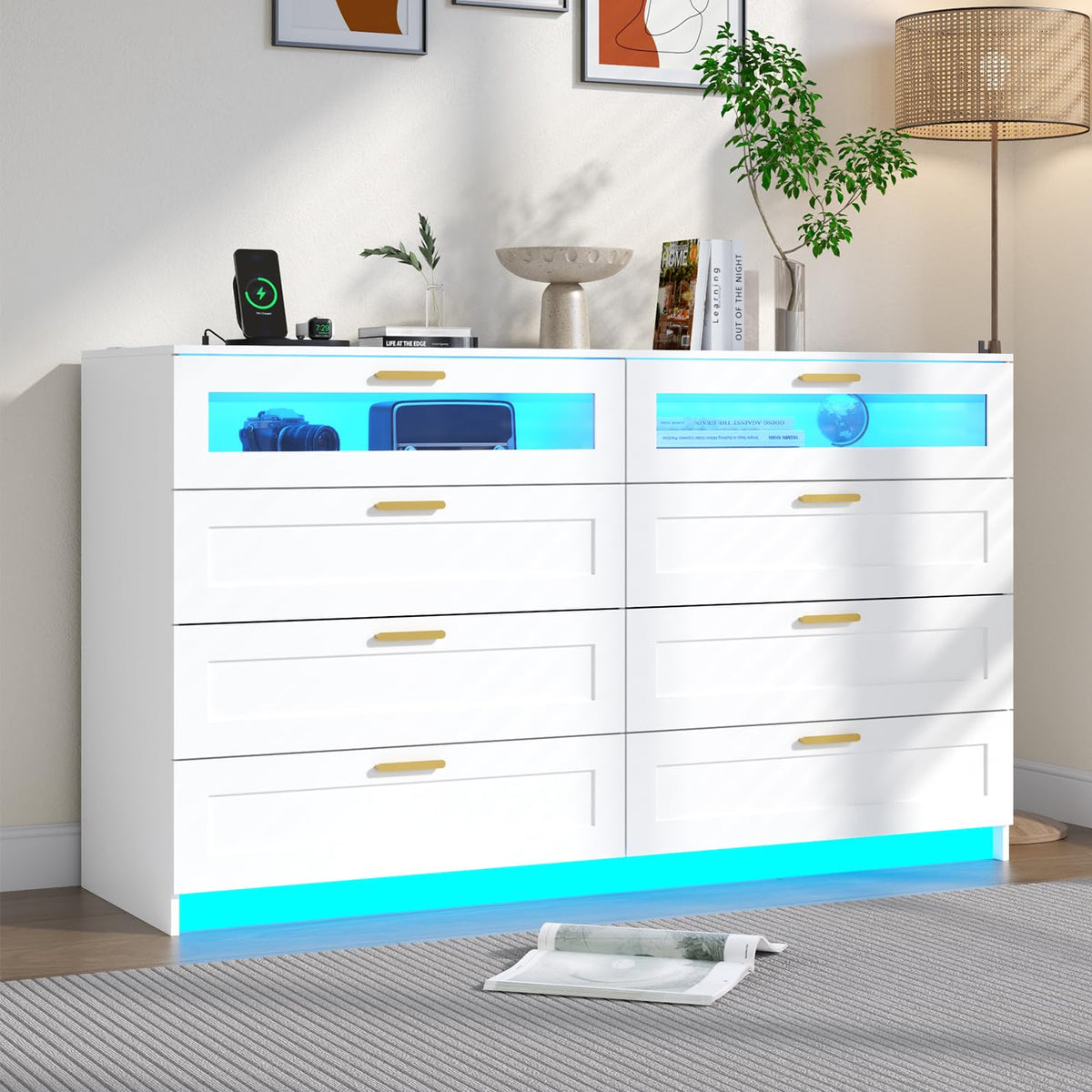 8 Drawers Dresser with Charging Station, Dresser for Bedroom with LED Light | Modern Chest of Drawers for Closet, Double Wide Dressers Organizer for Bedroom, Living Room, Entryway
