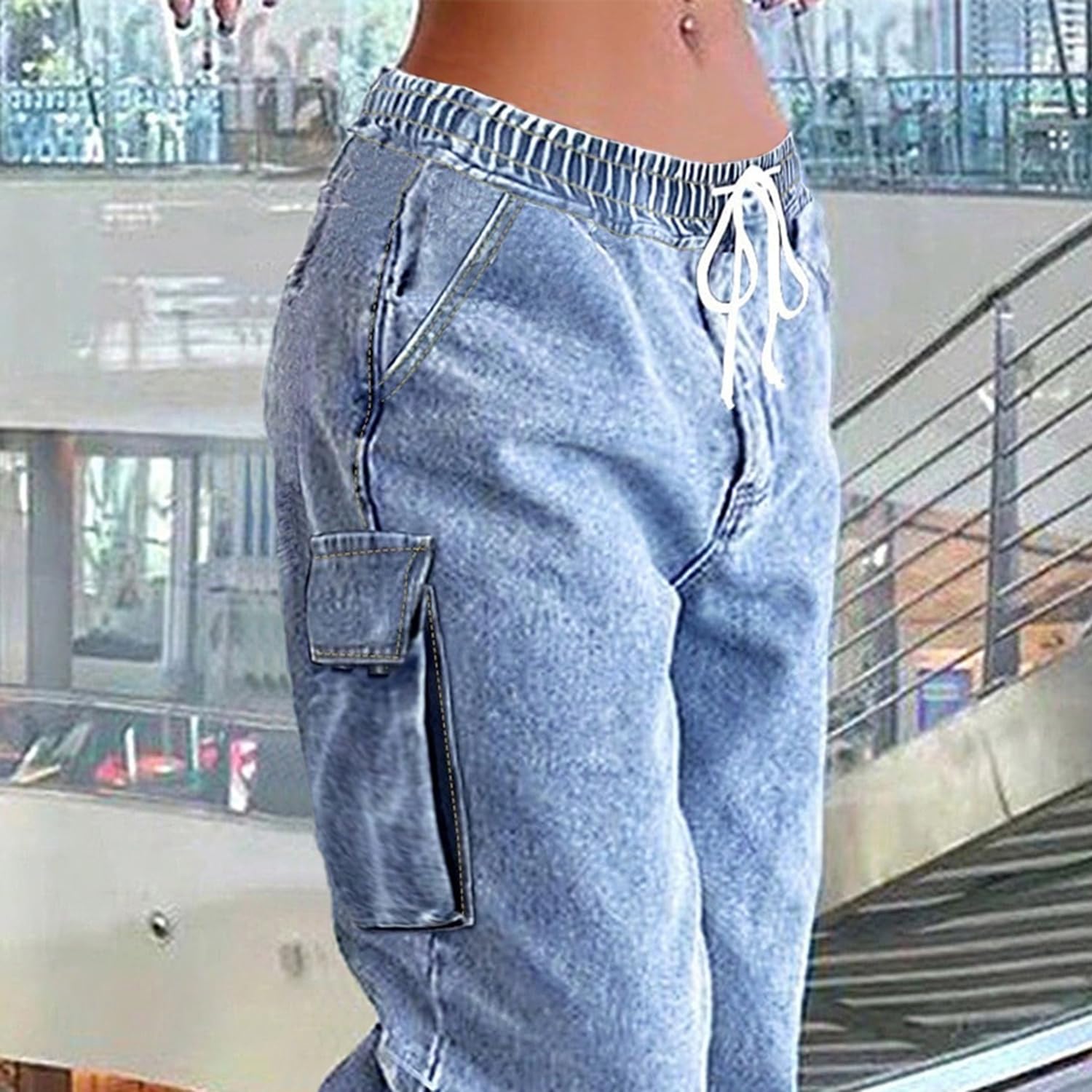 Cargo Jeans for Women Baggy Stretchy Wide Leg Denim Pants High Waisted y2k | Elastic Waist,Streetwear,Side Pockets,Cute,Trendy,Curvy,Mid Rise,Chic,Tall,Tie,Boyfriend,Loose,Casual,Fashion,Oversized