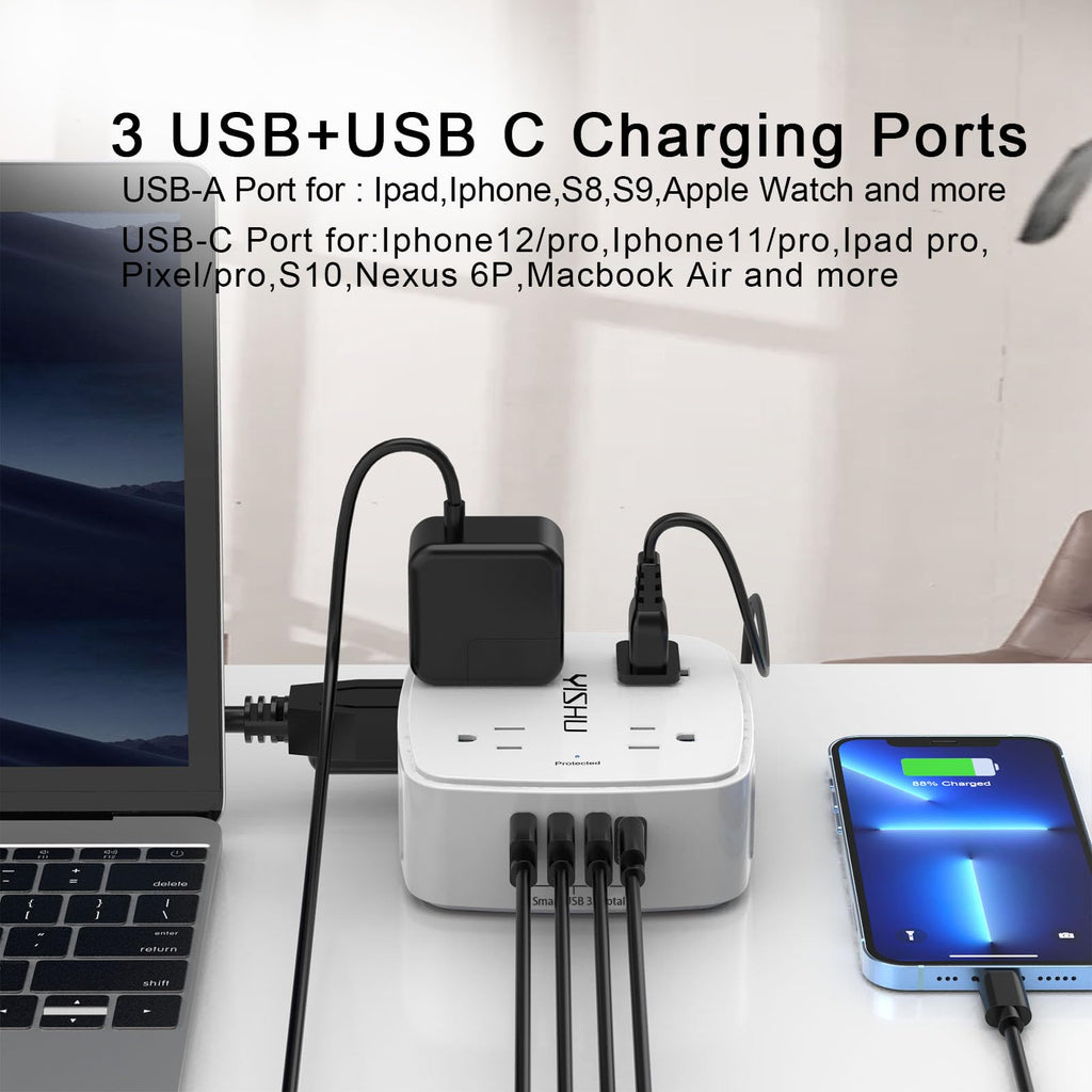 6Ft Surge Protector Power Strip with 8 Widely Outlets & 4 USB Ports | 3 Side Outlet Extender with 6 Feet Extension Cord, Flat Plug, for Home, Office, College Dorm Room Essentials, ETL, White