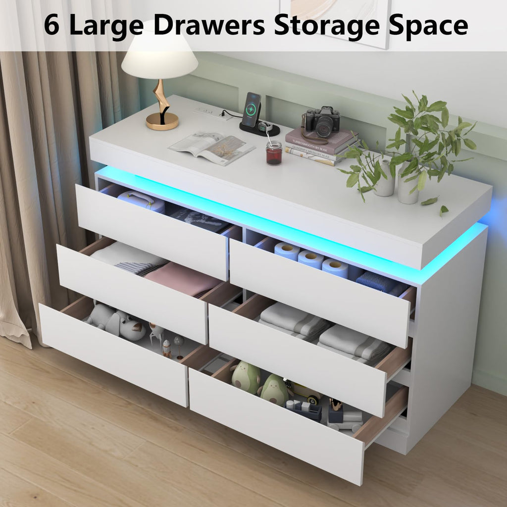 Gyfimoie 6 Drawer Dresser with Power Outlet, Dresser with LED Light | Modern Chest of Drawers for Closet, Wide Drawer Organizer Cabinet for Bedroom,Living Room