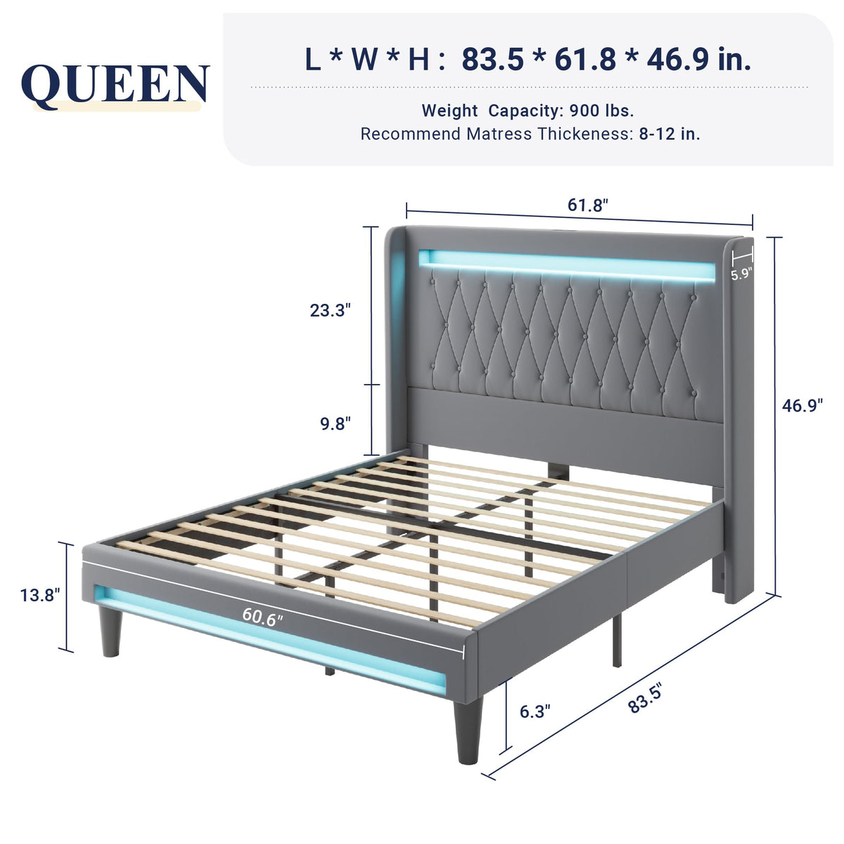 Allewie Queen Size Upholstered Bed Frame with LED & Charging Station, Black | Customizable LED lights, charging station, tufted wingback headboard, noise-reducing support, and no box spring needed.