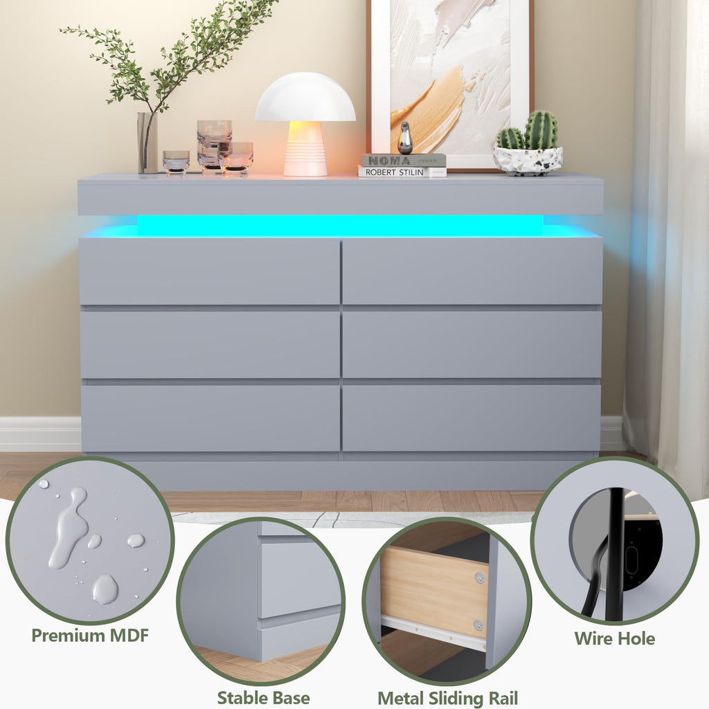 Gyfimoie 6 Drawer Dresser with Power Outlet, Dresser with LED Light | Modern Chest of Drawers for Closet, Wide Drawer Organizer Cabinet for Bedroom,Living Room