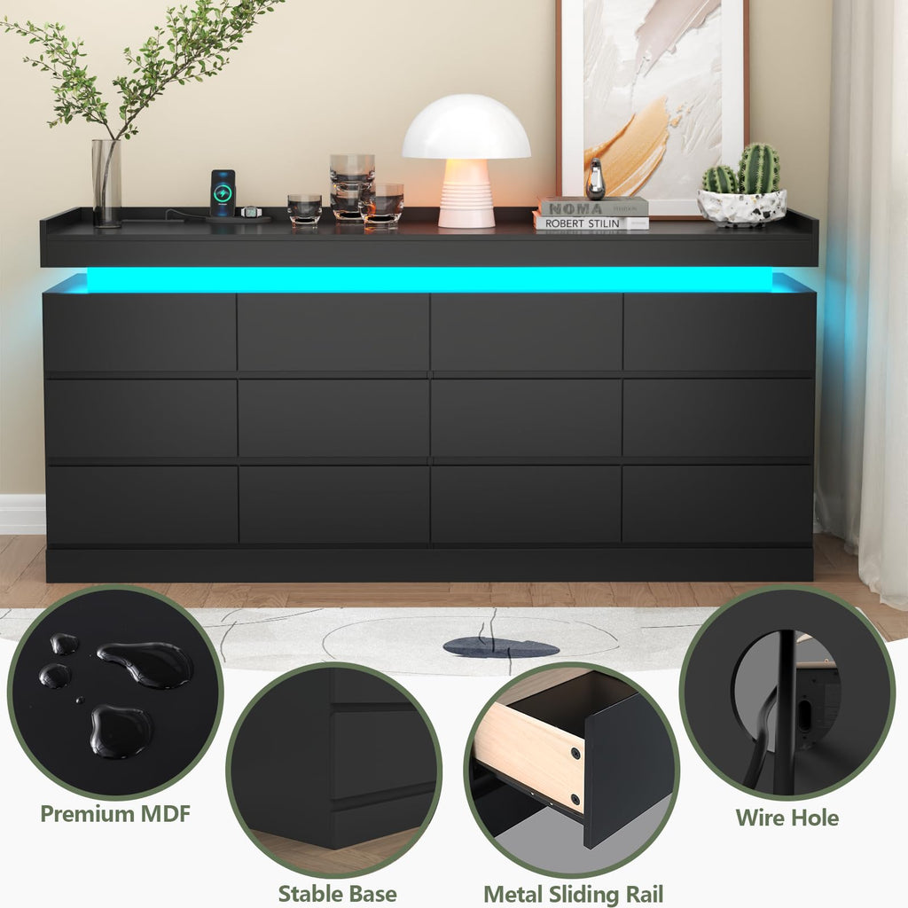 Gyfimoie 6 Drawer Dresser with Power Outlet, Dresser with LED Light | Modern Chest of Drawers for Closet, Wide Drawer Organizer Cabinet for Bedroom,Living Room