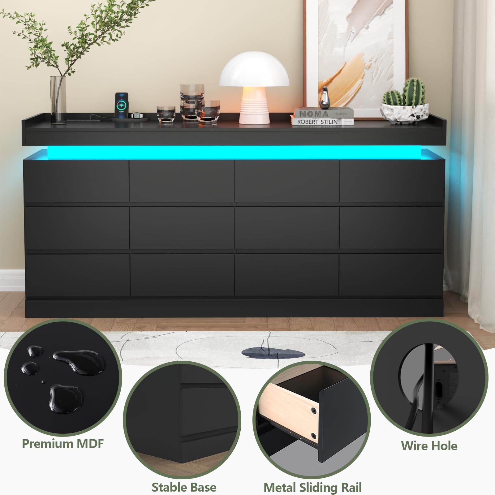 Gyfimoie 6 Drawer Dresser with Power Outlet, Dresser with LED Light | Modern Chest of Drawers for Closet, Wide Drawer Organizer Cabinet for Bedroom,Living Room