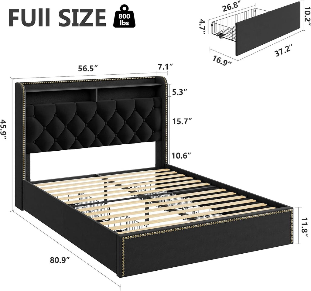 Full Size Black Velvet Storage Bed with Shelved Headboard and 4 Drawers, Tufted Upholstered Platform Bed Frame with Nailhead Trim, Metal Support Slats, No Box Spring Required, Easy to Assemble
