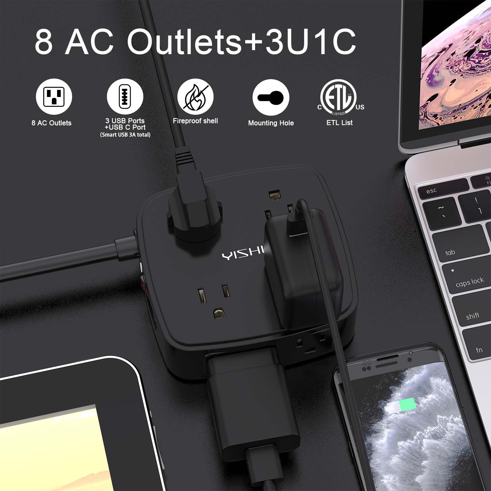 6Ft Surge Protector Power Strip with 8 Widely Outlets & 4 USB Ports | 3 Side Outlet Extender with 6 Feet Extension Cord, Flat Plug, for Home, Office, College Dorm Room Essentials, ETL, White