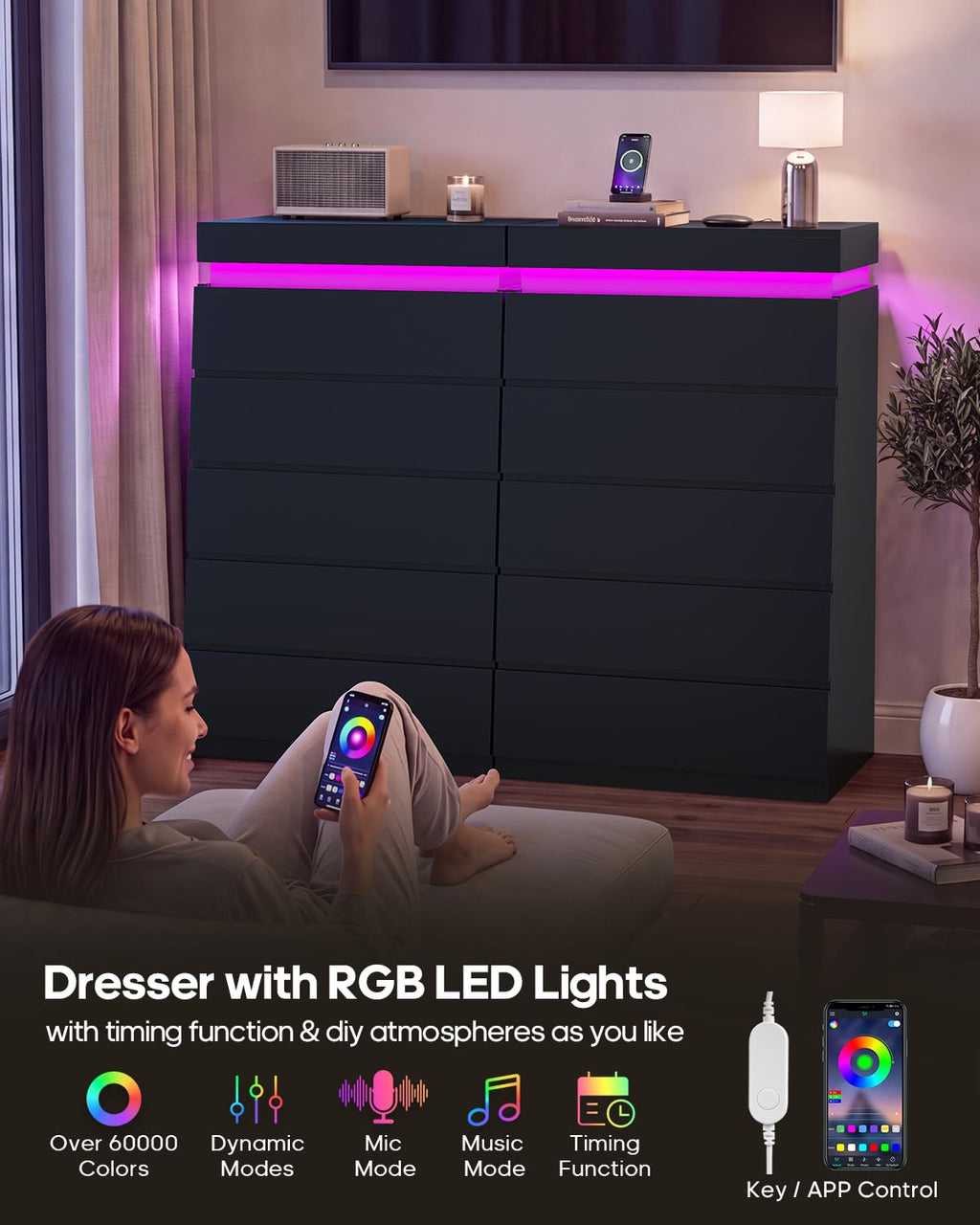 HAUOMS Tall White 5 Drawer Dresser with LED Light | Modern Chest of Drawers for Bedroom,Closet Dressers with Drawers for Living Room, Entryway, Hallway