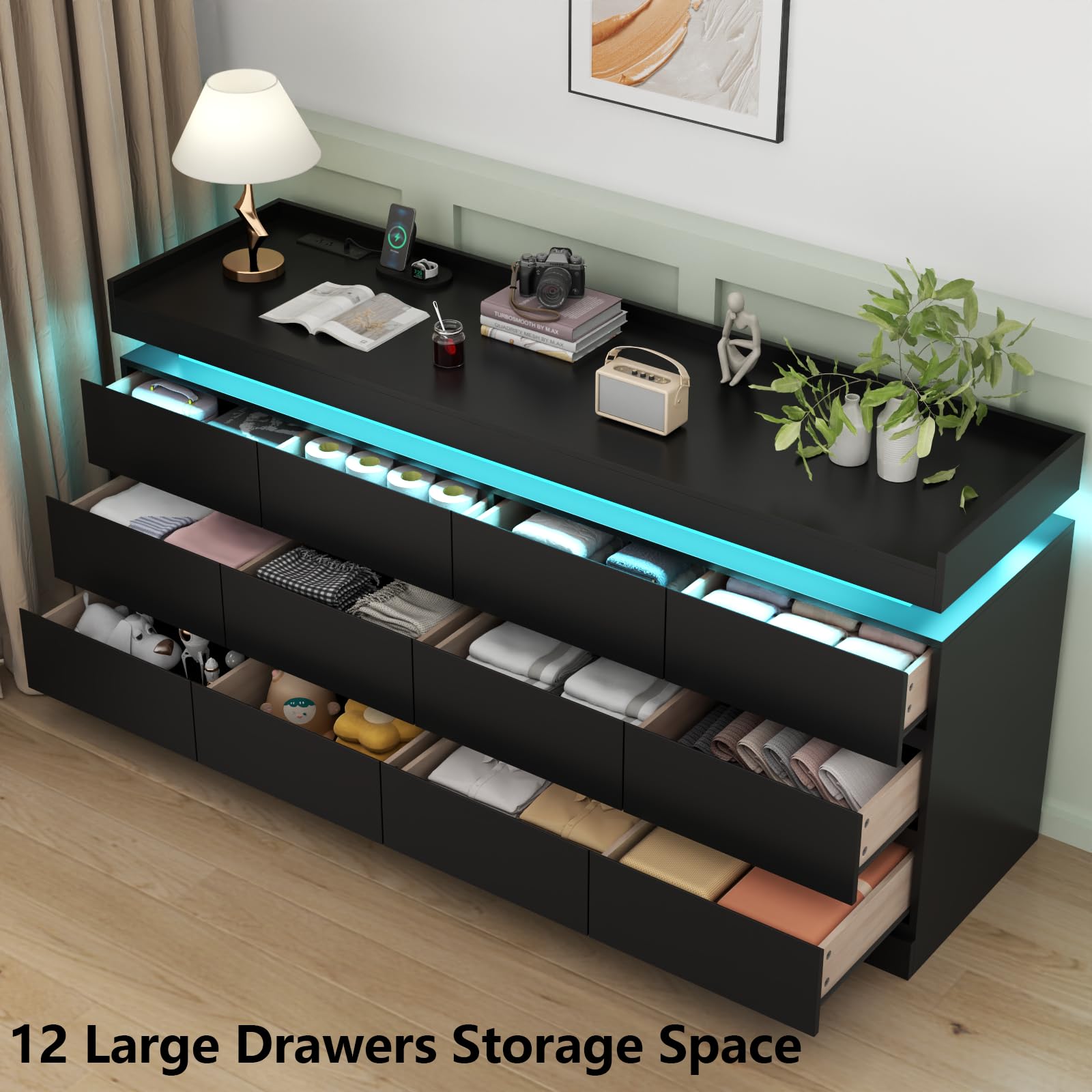 Gyfimoie 6 Drawer Dresser with Power Outlet, Dresser with LED Light | Modern Chest of Drawers for Closet, Wide Drawer Organizer Cabinet for Bedroom,Living Room