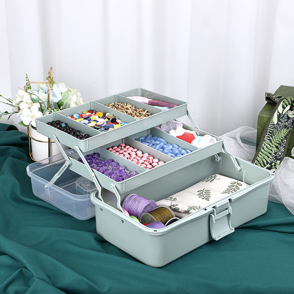 BTSKY 3-Layer Plastic Dividing Storage Box Craft Organizer and Storage | Portable Handled Art Supply Organizer with Adjustable Spacers Multipurpose Home Utility Box for Medicine, Sewing(Pink)