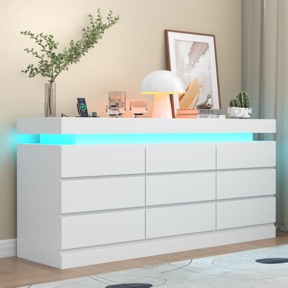 Gyfimoie 6 Drawer Dresser with Power Outlet, Dresser with LED Light | Modern Chest of Drawers for Closet, Wide Drawer Organizer Cabinet for Bedroom,Living Room