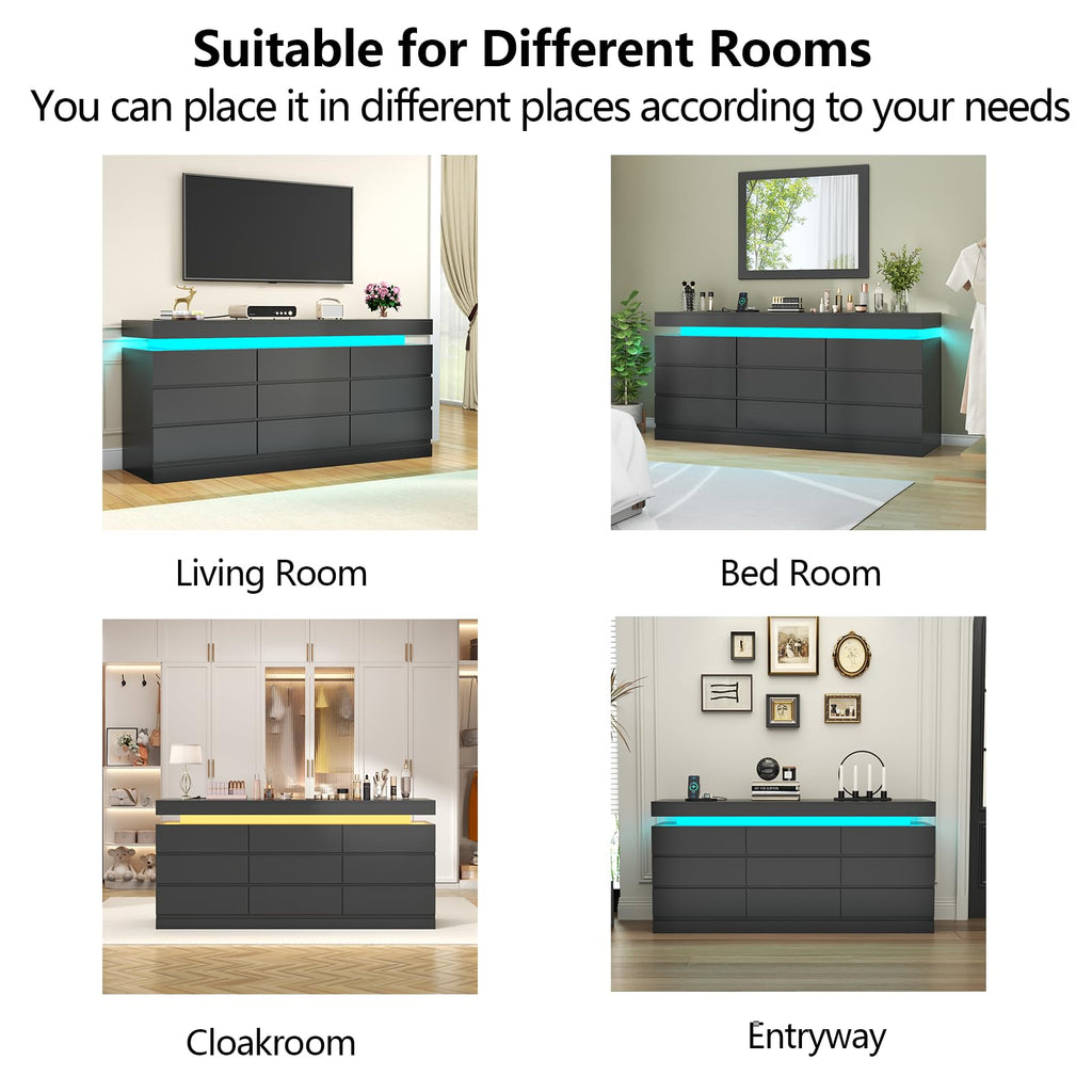 Gyfimoie 6 Drawer Dresser with Power Outlet, Dresser with LED Light | Modern Chest of Drawers for Closet, Wide Drawer Organizer Cabinet for Bedroom,Living Room