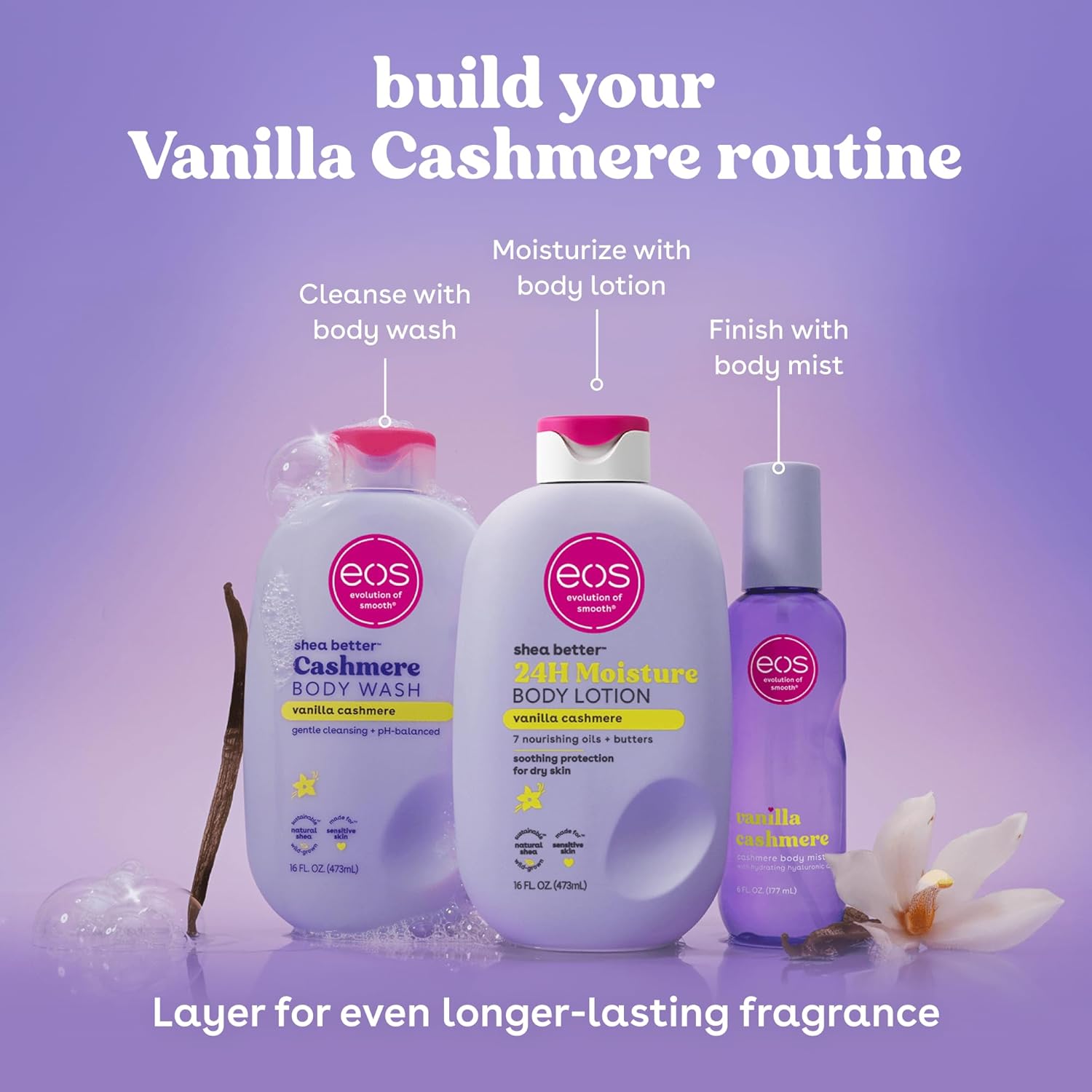 eos Body Wash, Vanilla Cashmere, Moisturizing Creamy Gel Formula with Shea Butter, Glycerin, Vitamin E, pH Balanced, Sensitive Skin, Vegan, 16 fl oz