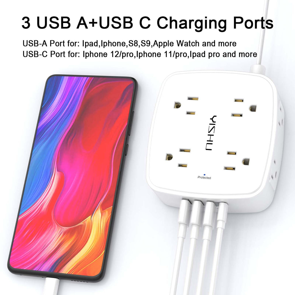 6Ft Surge Protector Power Strip with 8 Widely Outlets & 4 USB Ports | 3 Side Outlet Extender with 6 Feet Extension Cord, Flat Plug, for Home, Office, College Dorm Room Essentials, ETL, White