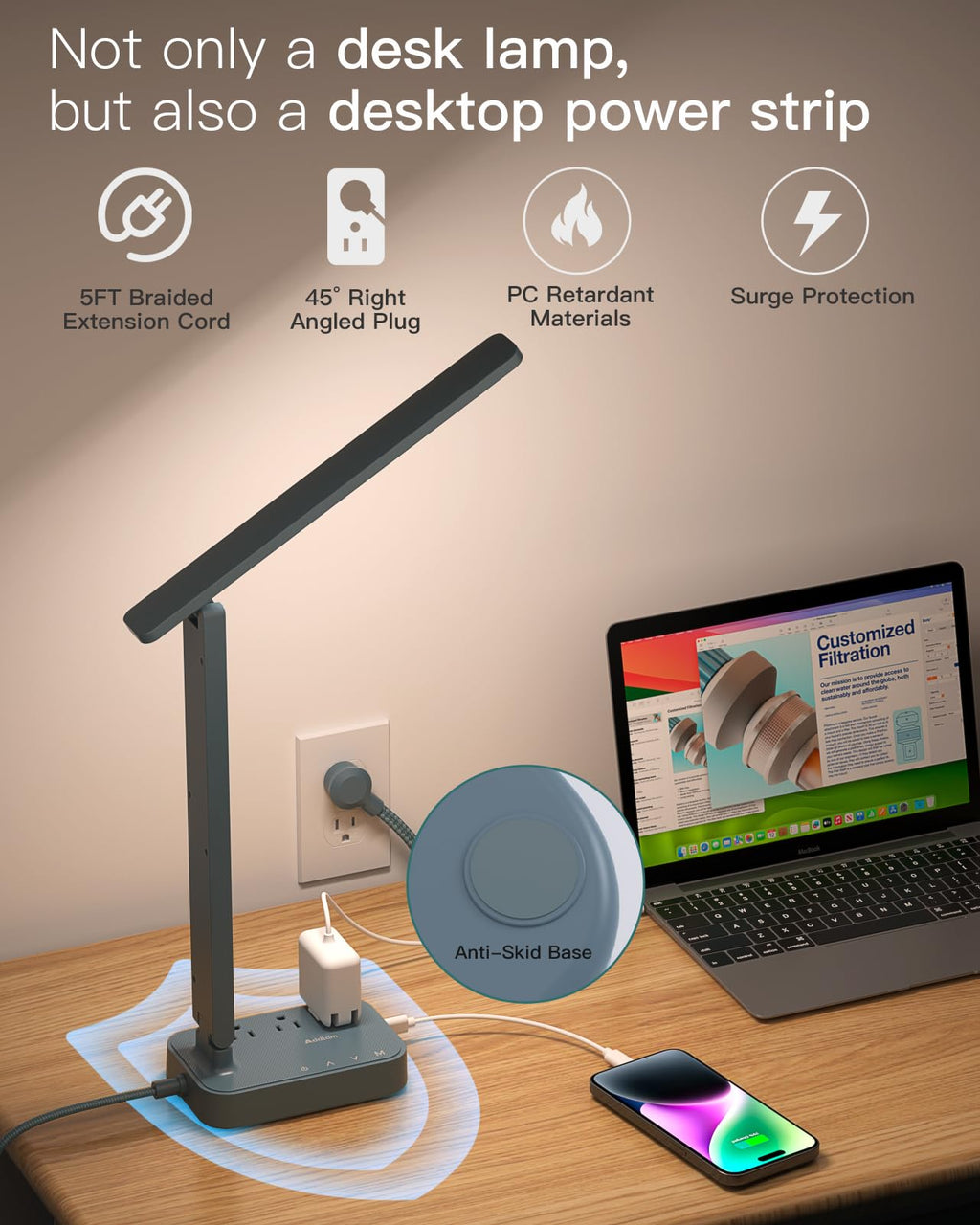 Addtam LED Desk Lamp, Power Strip with 3 Outlets 4 USB Charging Ports(2 USBC), 4 Modes 5 Level Brightness Touch Lamp, Small Desk Lamp for Home Office College Dorm Room Essentials