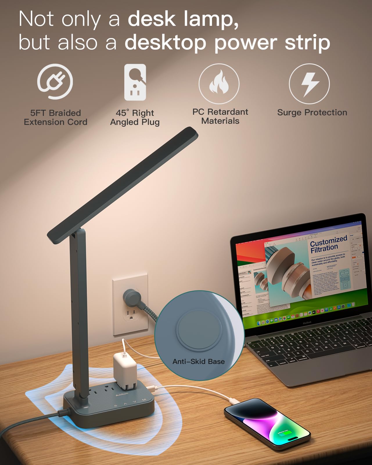Addtam LED Desk Lamp, Power Strip with 3 Outlets 4 USB Charging Ports(2 USBC), 4 Modes 5 Level Brightness Touch Lamp, Small Desk Lamp for Home Office College Dorm Room Essentials