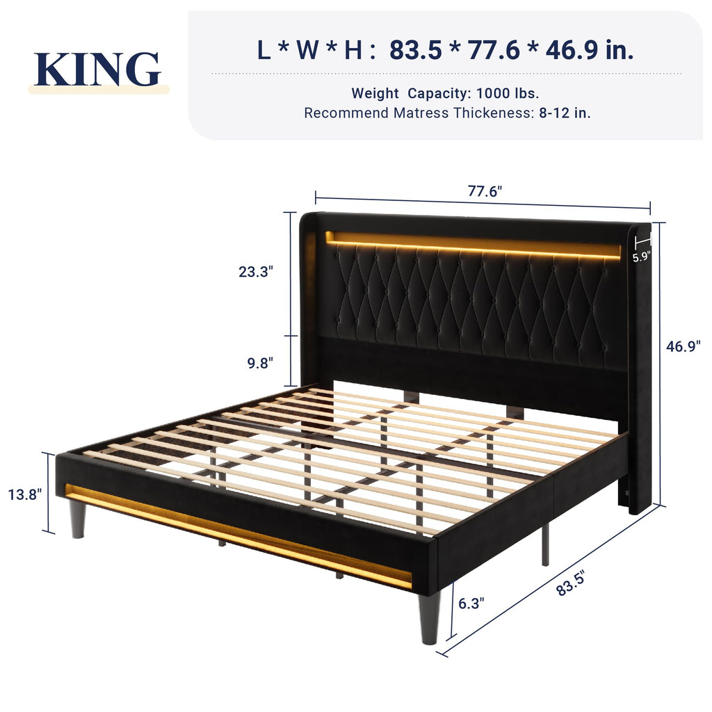 Allewie Queen Size Upholstered Bed Frame with LED & Charging Station, Black | Customizable LED lights, charging station, tufted wingback headboard, noise-reducing support, and no box spring needed.