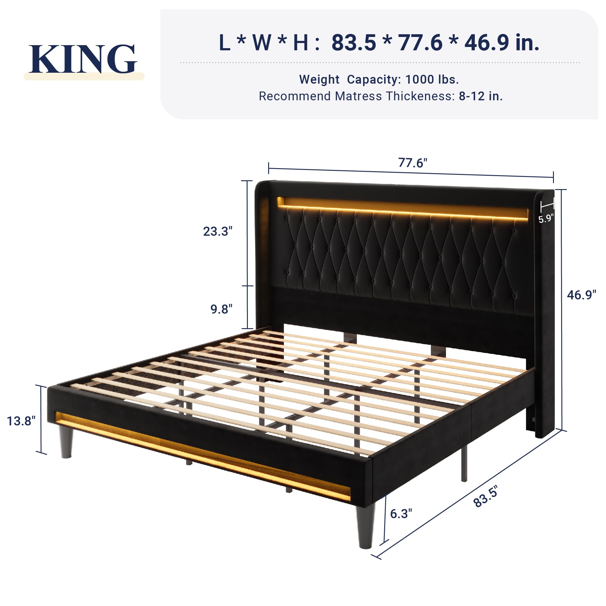 Allewie Queen Size Upholstered Bed Frame with LED & Charging Station, Black | Customizable LED lights, charging station, tufted wingback headboard, noise-reducing support, and no box spring needed.
