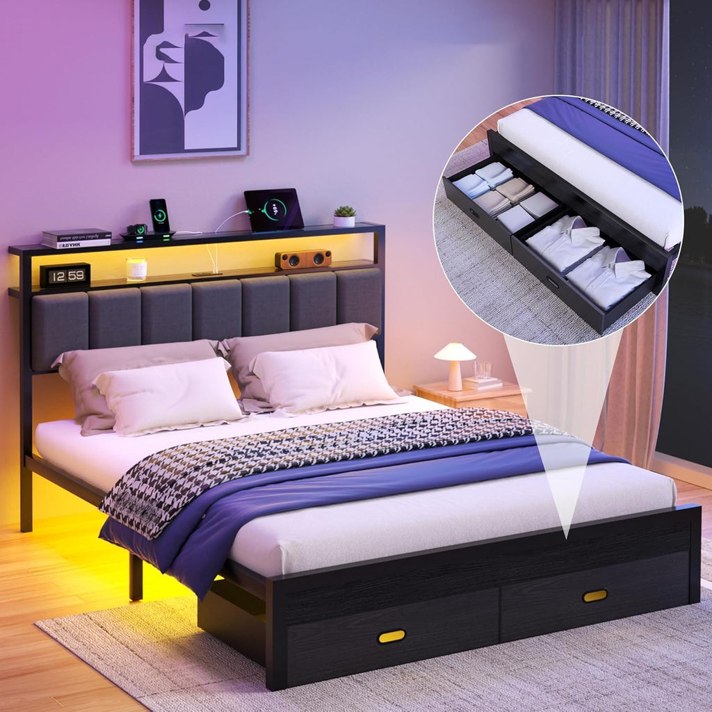 Full Bed Frames with Storage Drawer, Platform Bed with Charging Station and LED Lights, Upholstered Headboard with 2-Tier Storage Shelves, No Box Spring Needed