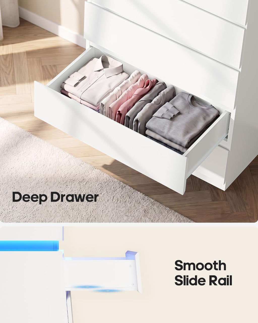 HAUOMS Tall White 5 Drawer Dresser with LED Light | Modern Chest of Drawers for Bedroom,Closet Dressers with Drawers for Living Room, Entryway, Hallway