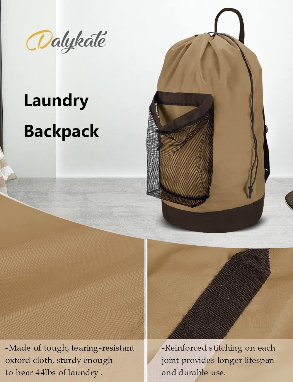 Backpack Laundry Bag, 115L Large Hamper with Shoulder Straps, Drawstring Closure, Mesh Pocket, Khaki