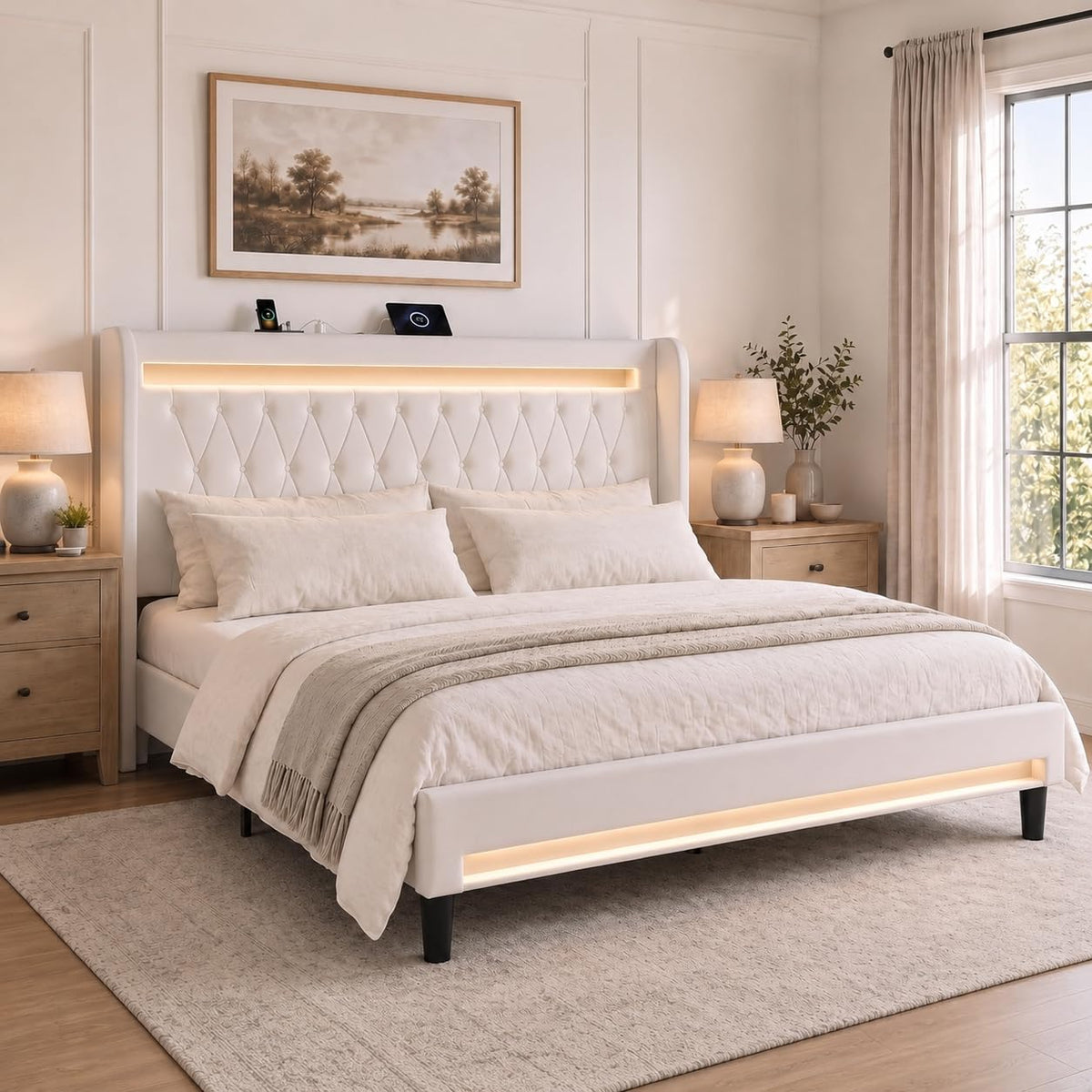 Allewie Queen Size Upholstered Bed Frame with LED & Charging Station, Black | Customizable LED lights, charging station, tufted wingback headboard, noise-reducing support, and no box spring needed.