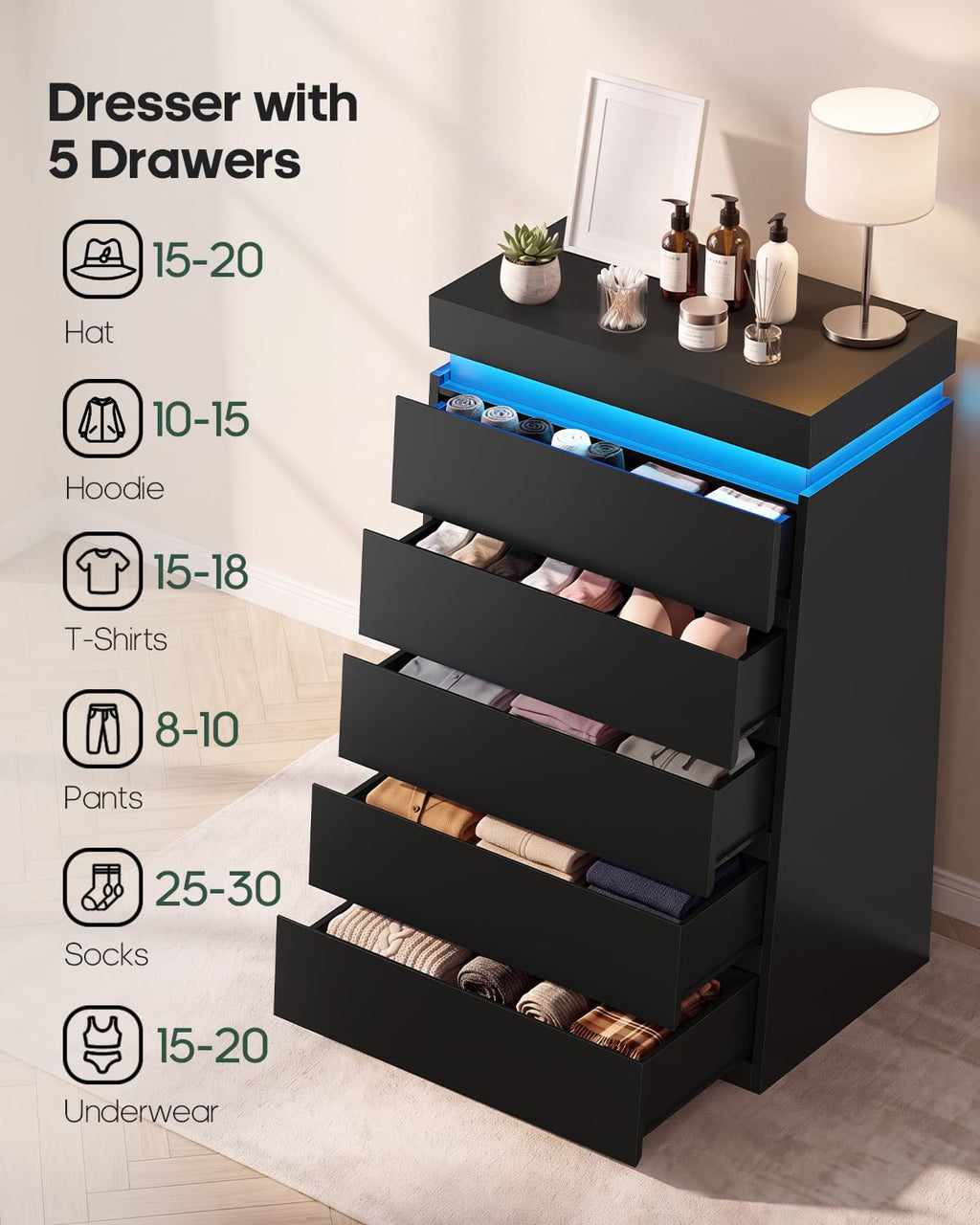 HAUOMS Tall White 5 Drawer Dresser with LED Light | Modern Chest of Drawers for Bedroom,Closet Dressers with Drawers for Living Room, Entryway, Hallway
