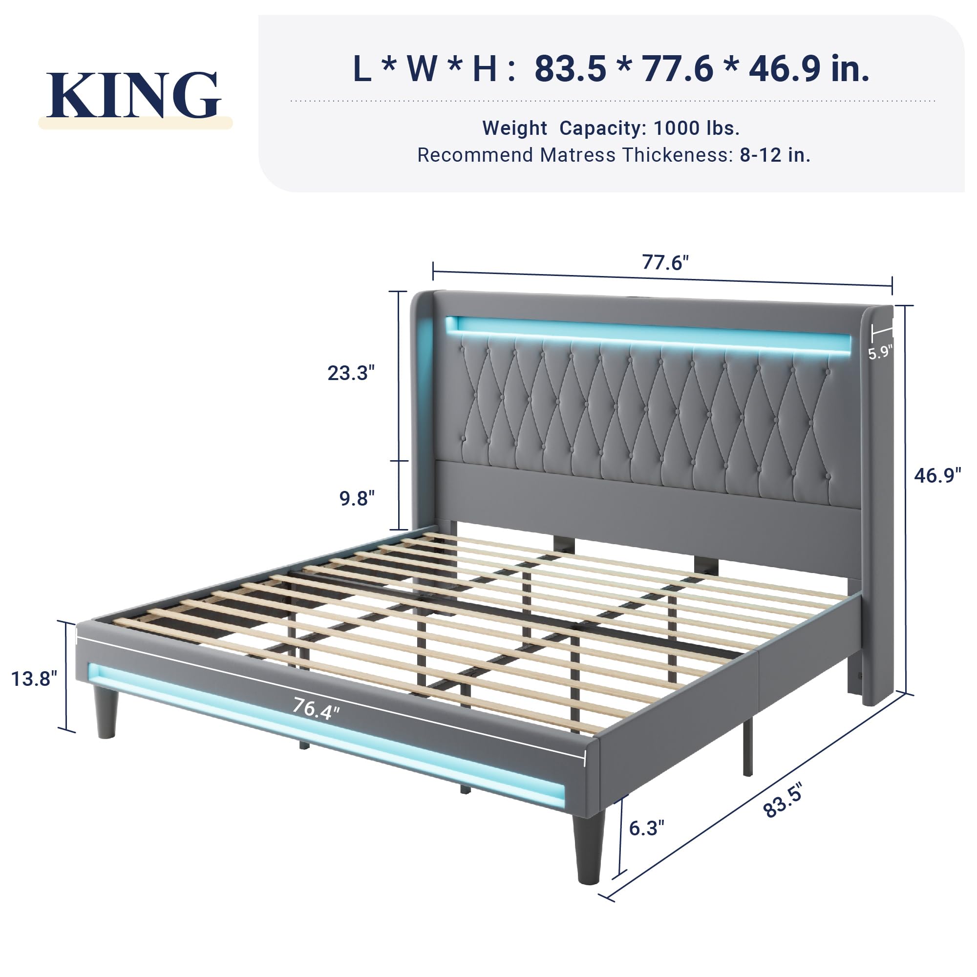 Allewie Queen Size Upholstered Bed Frame with LED & Charging Station, Black | Customizable LED lights, charging station, tufted wingback headboard, noise-reducing support, and no box spring needed.