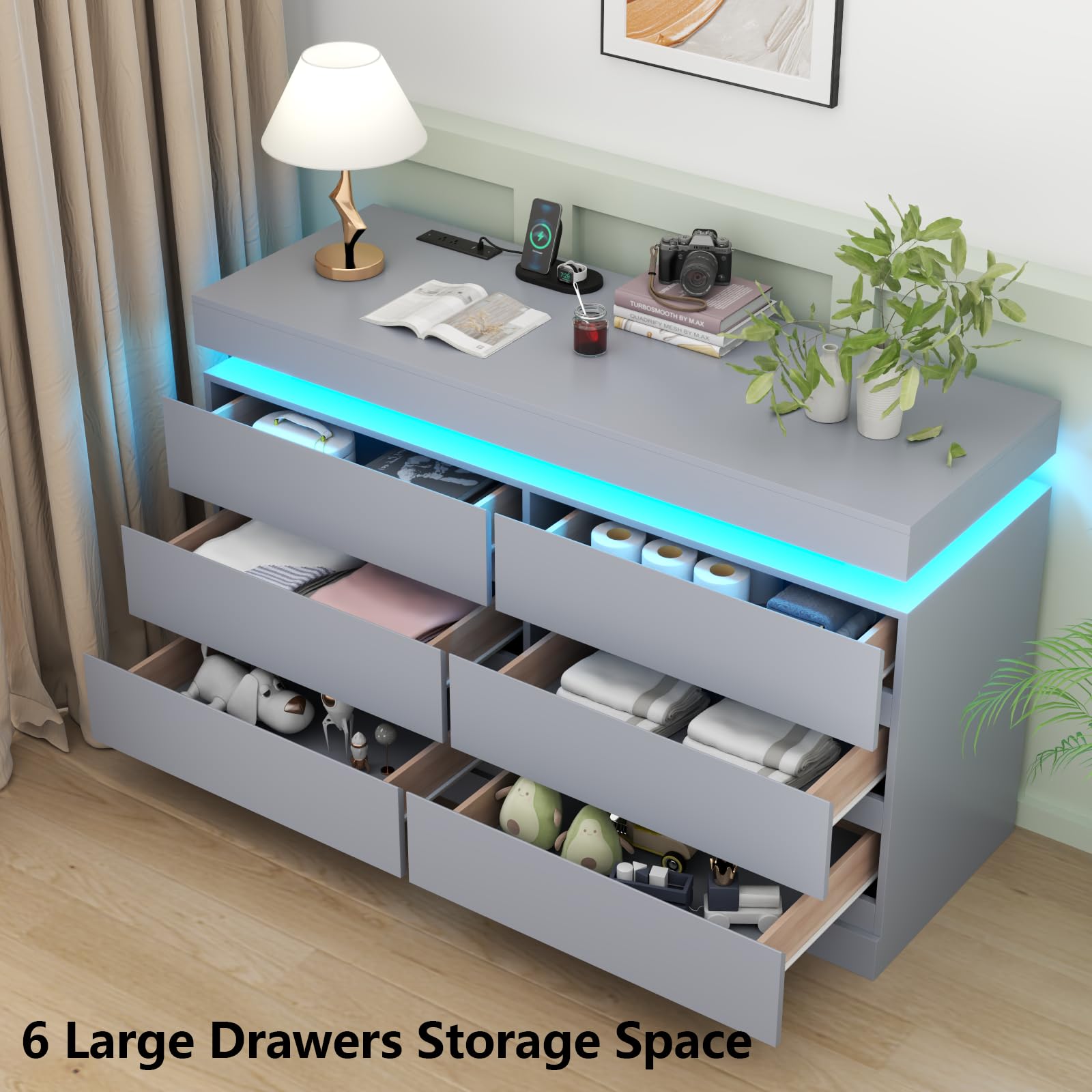 Gyfimoie 6 Drawer Dresser with Power Outlet, Dresser with LED Light | Modern Chest of Drawers for Closet, Wide Drawer Organizer Cabinet for Bedroom,Living Room