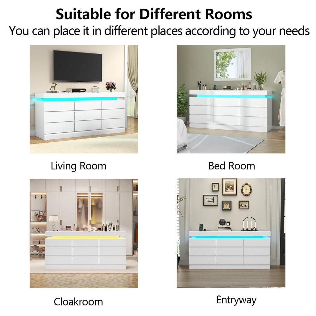 Gyfimoie 6 Drawer Dresser with Power Outlet, Dresser with LED Light | Modern Chest of Drawers for Closet, Wide Drawer Organizer Cabinet for Bedroom,Living Room