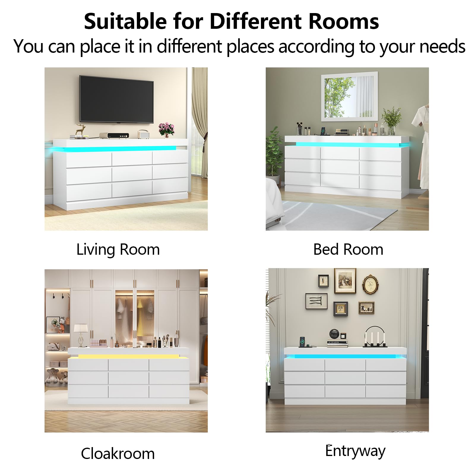 Gyfimoie 6 Drawer Dresser with Power Outlet, Dresser with LED Light | Modern Chest of Drawers for Closet, Wide Drawer Organizer Cabinet for Bedroom,Living Room