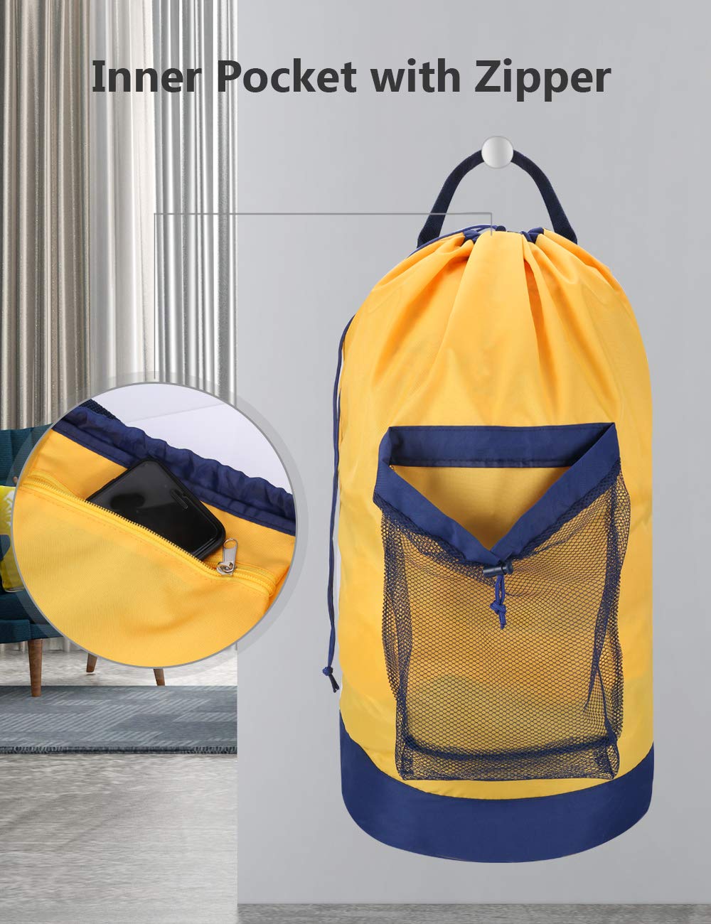 Backpack Laundry Bag, 115L Large Hamper with Shoulder Straps, Drawstring Closure, Mesh Pocket, Khaki