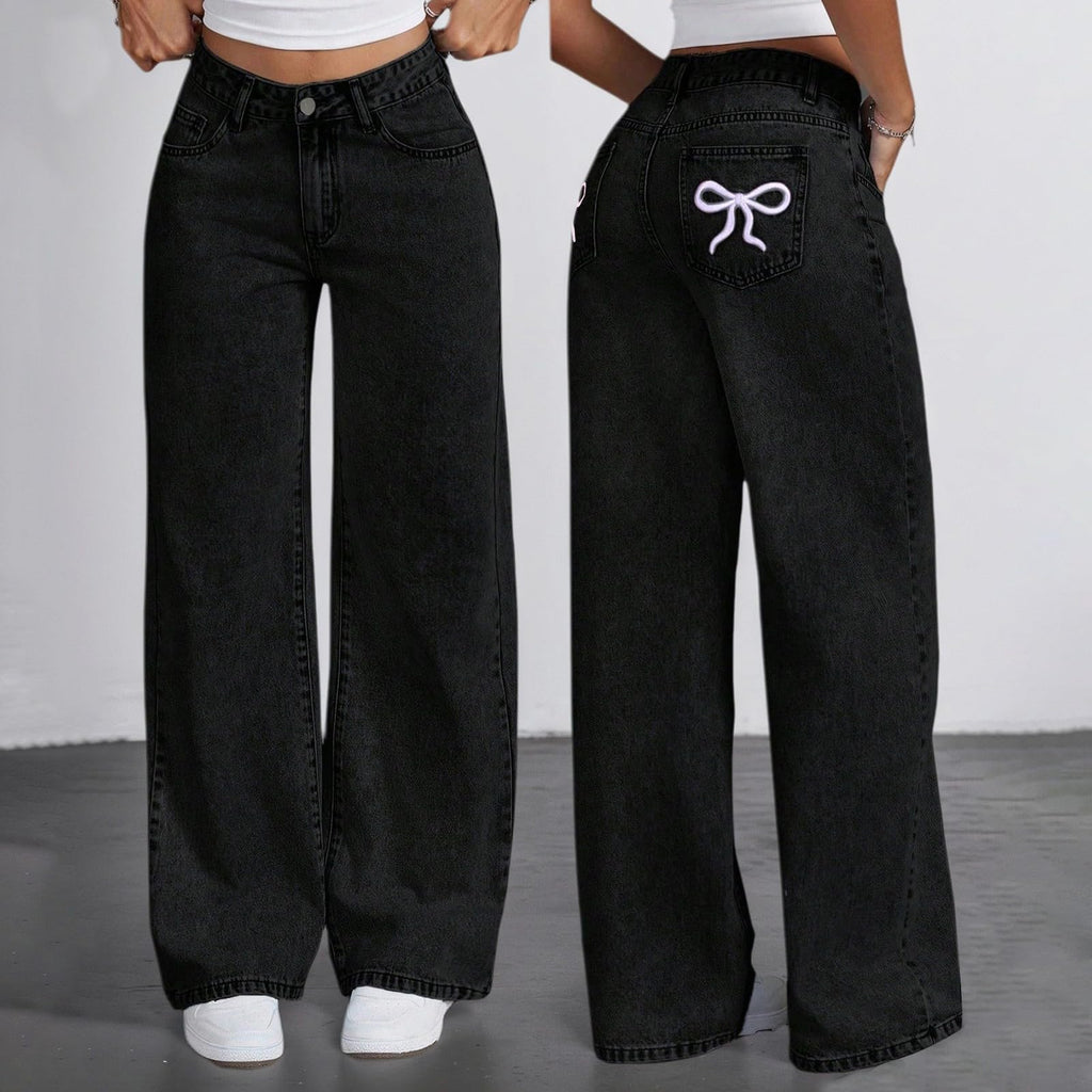 Jeans for Girls Cute Baggy Pants Wide Leg High Waisted Trousers with Pocket | Back to School Clothes Teens Outfits Bow Embroidery Wide Leg Denim Pants Y2k Tween Clothes 7-16Y