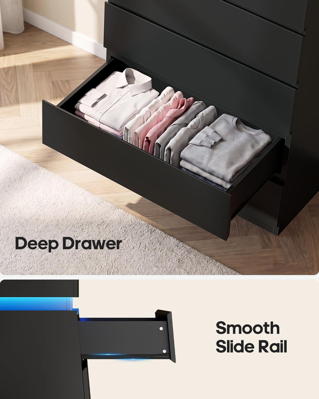 HAUOMS Tall White 5 Drawer Dresser with LED Light | Modern Chest of Drawers for Bedroom,Closet Dressers with Drawers for Living Room, Entryway, Hallway