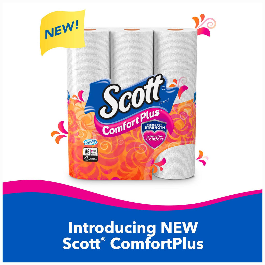 Scott ComfortPlus Toilet Paper, 12 Triple Rolls, 231 Sheets per Roll, Septic-Safe, 1-Ply Toilet Tissue