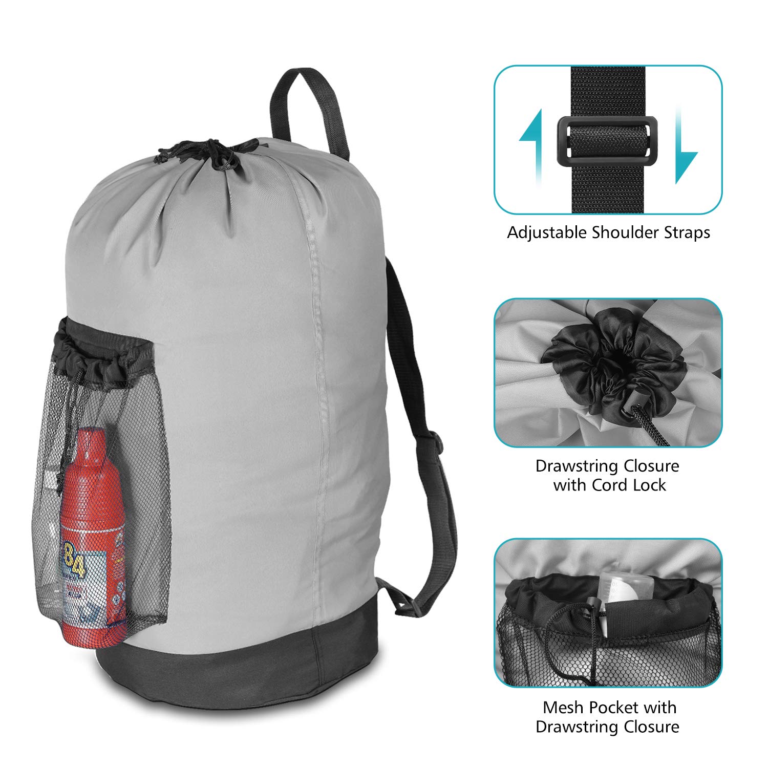 Backpack Laundry Bag, 115L Large Hamper with Shoulder Straps, Drawstring Closure, Mesh Pocket, Khaki