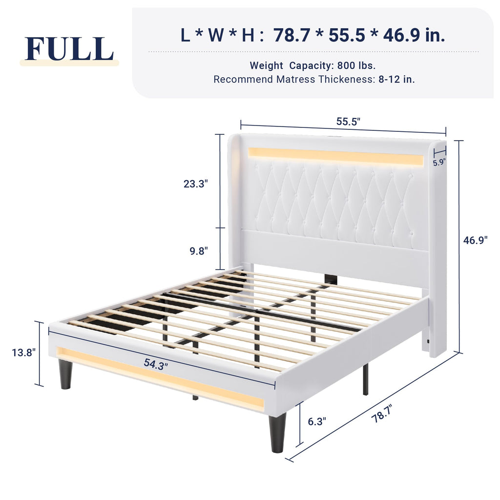 Allewie Queen Size Upholstered Bed Frame with LED & Charging Station, Black | Customizable LED lights, charging station, tufted wingback headboard, noise-reducing support, and no box spring needed.
