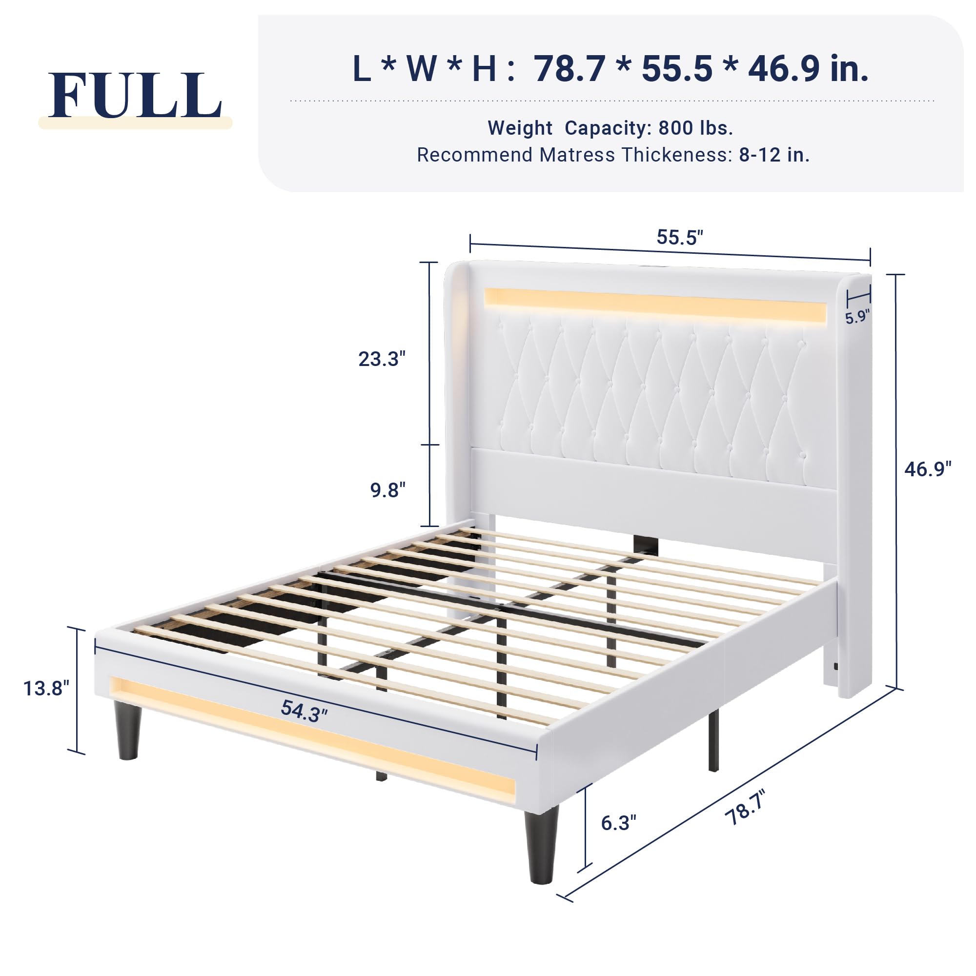 Allewie Queen Size Upholstered Bed Frame with LED & Charging Station, Black | Customizable LED lights, charging station, tufted wingback headboard, noise-reducing support, and no box spring needed.
