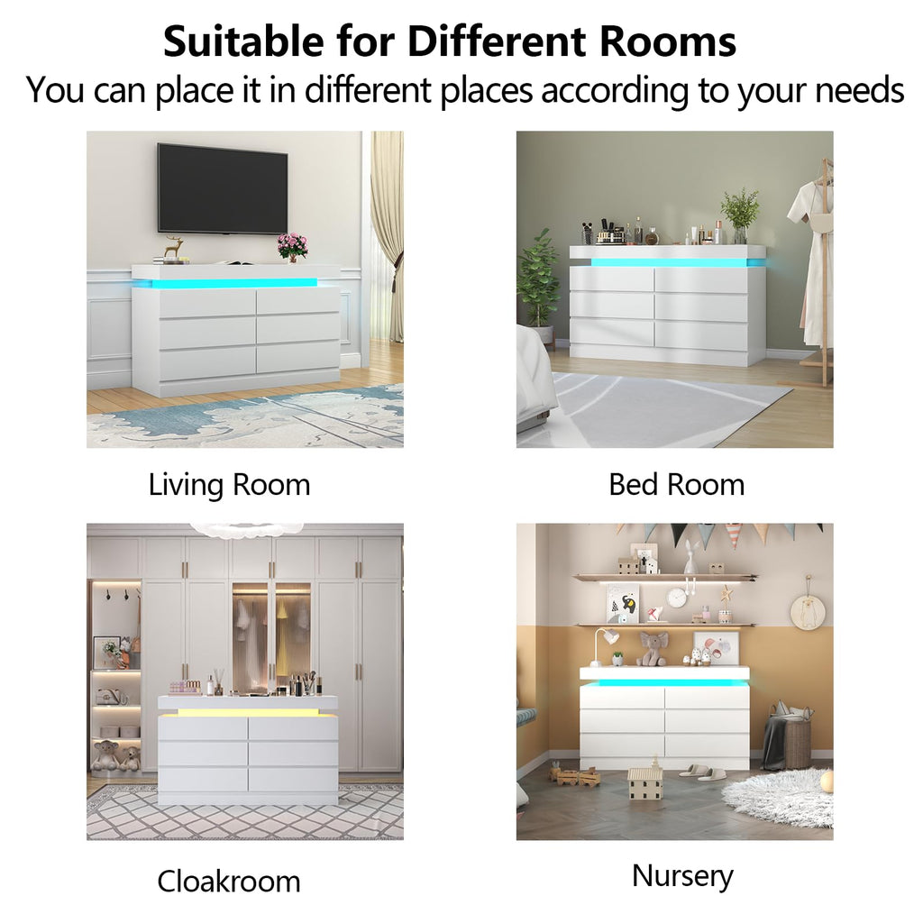 Gyfimoie 6 Drawer Dresser with Power Outlet, Dresser with LED Light | Modern Chest of Drawers for Closet, Wide Drawer Organizer Cabinet for Bedroom,Living Room